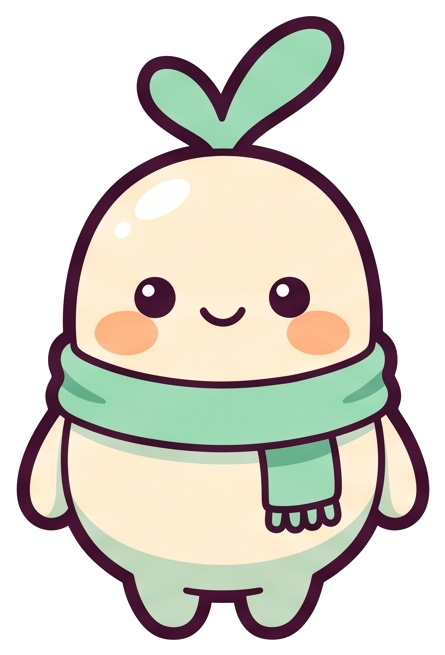 Bud, the DoBuddy mascot: a cream bean with a mint sprout and scarf